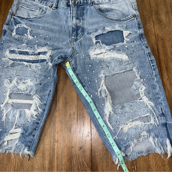 Smoke Rise Denim Shorts Distressed Patched Paint Splatters Blue - Picture 6 of 8